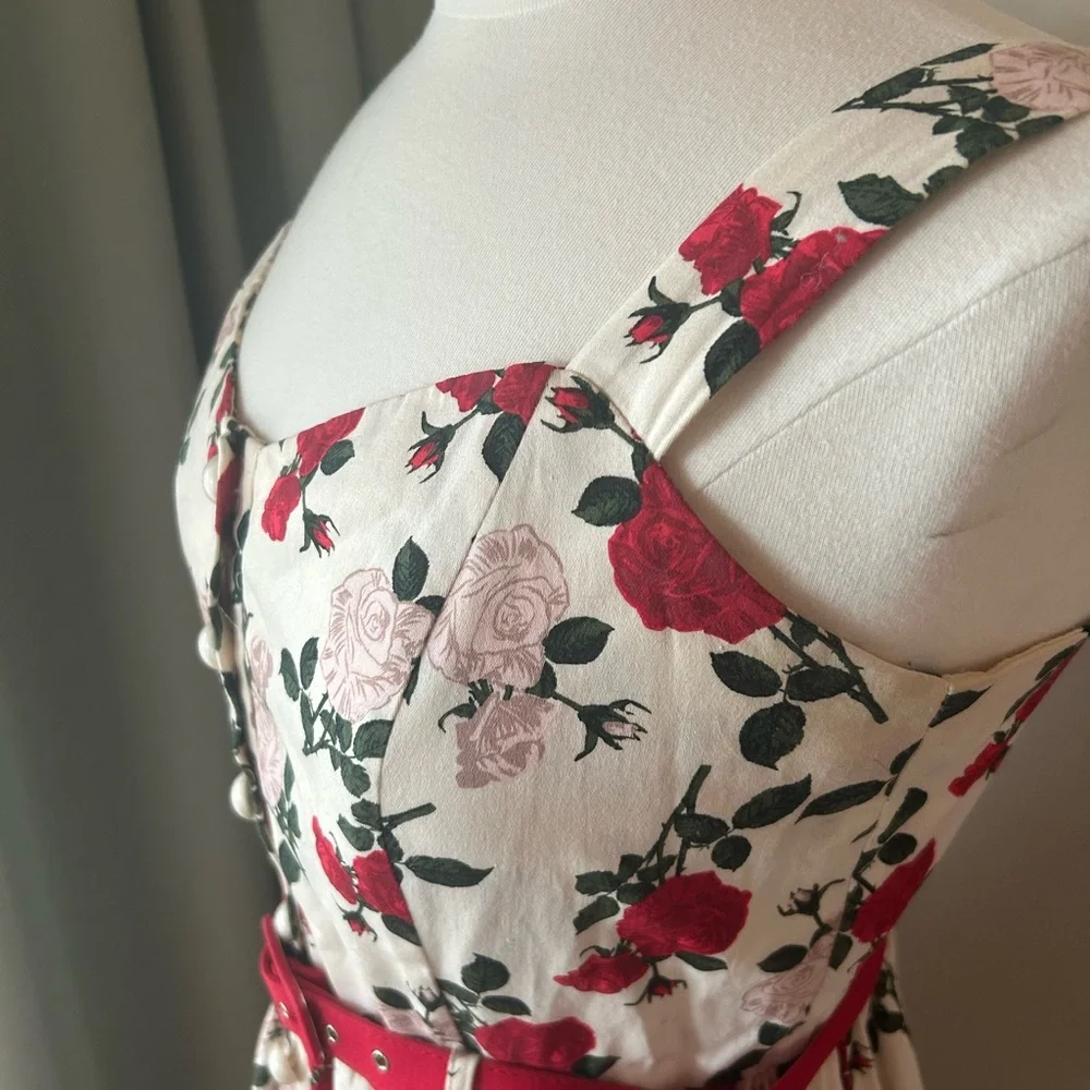 Collectif Red and White Floral Midi Dress Fits US 6-8. - Picture 3 of 6